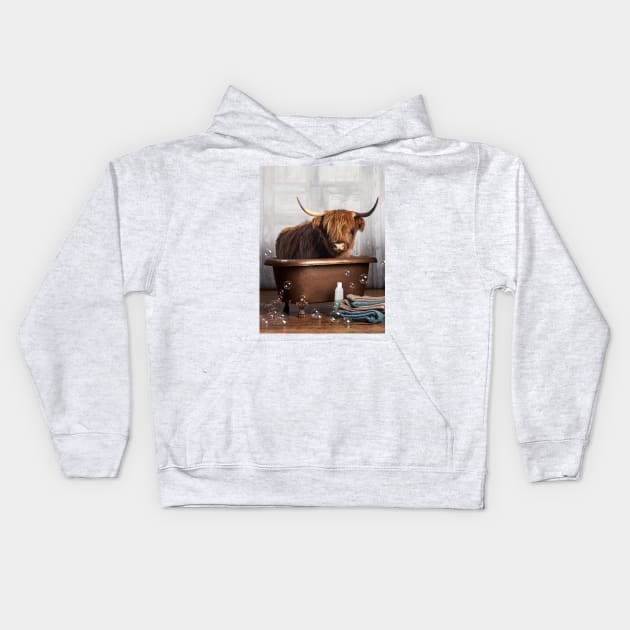 Highland Cow in a Bathtub Kids Hoodie by DomoINK